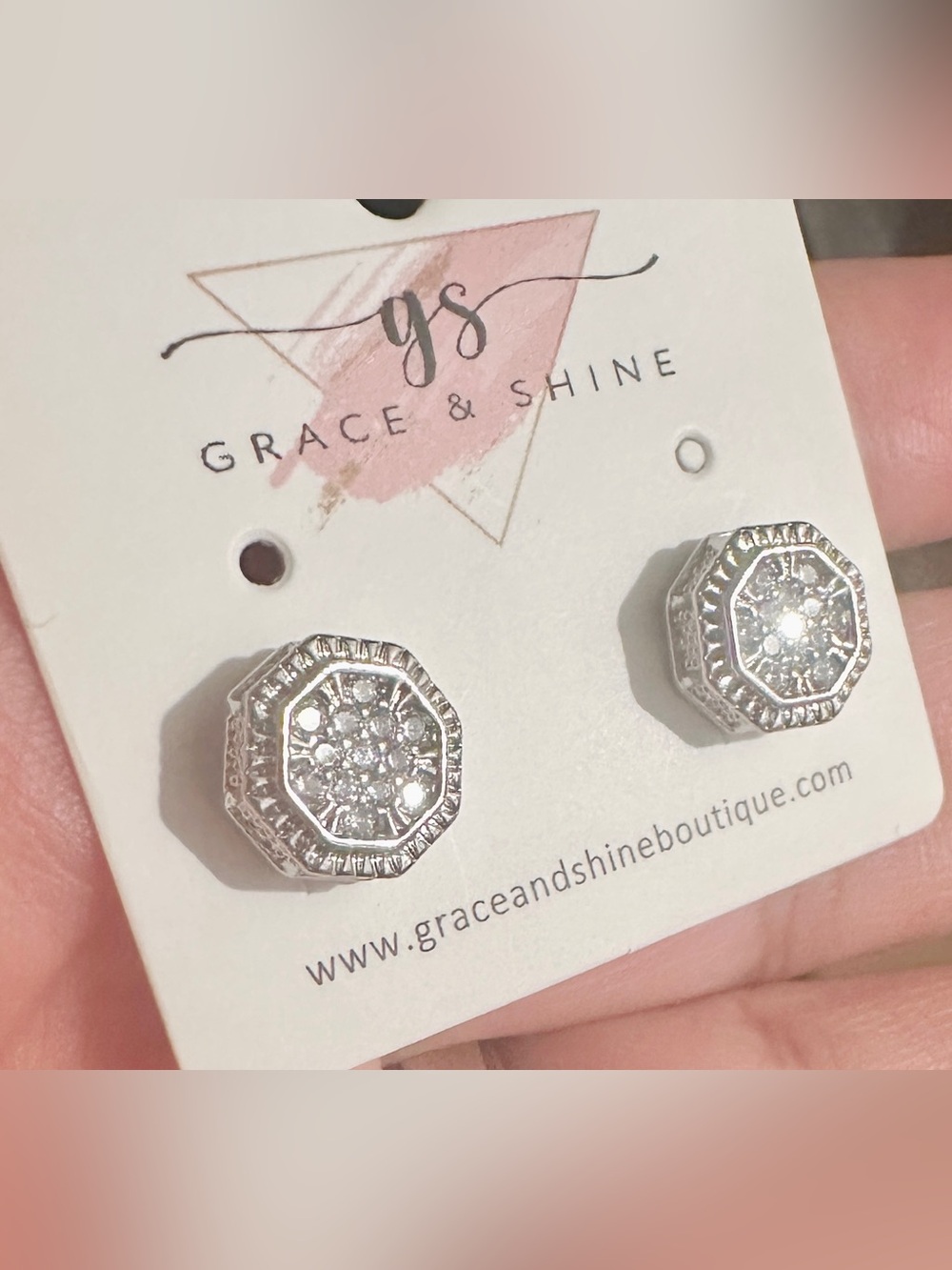 Grace & Shine Silver Crystal Octagon Stud Earrings
